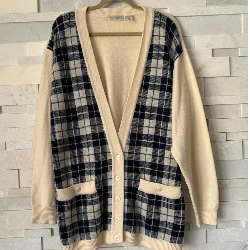 *VINTAGE* LIZ CLAIBORNE Oversize Wool Plaid Longline V-neck Cardigan Sweater L